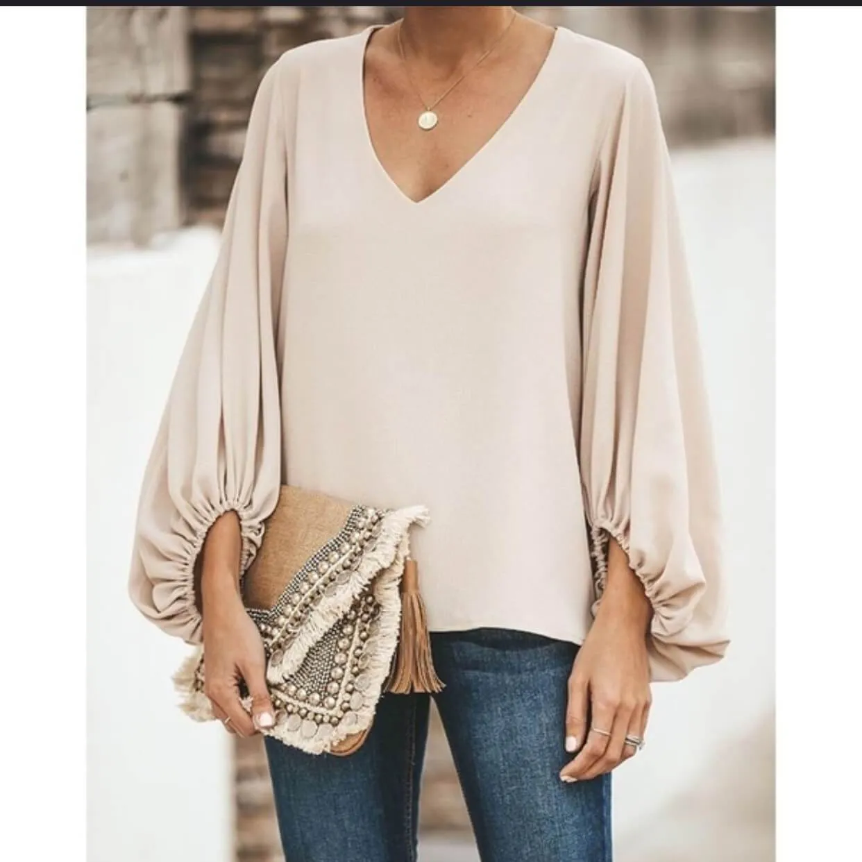 V-neck Loose Long Lantern Sleeves Blouse