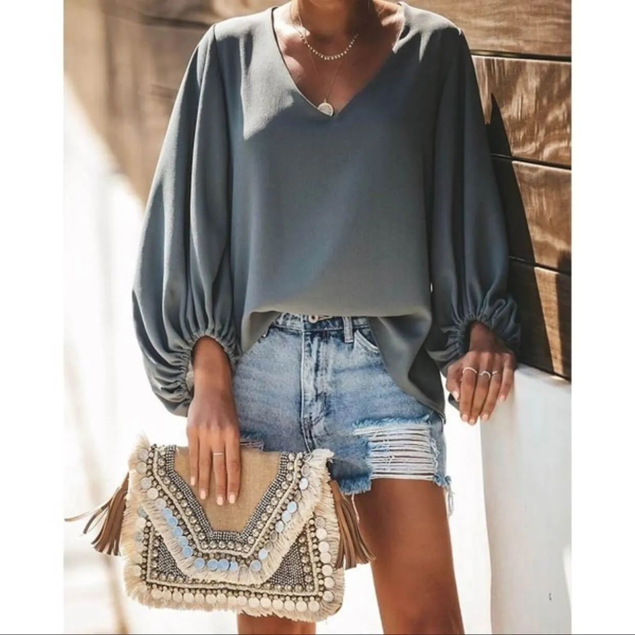 V-neck Loose Long Lantern Sleeves Blouse
