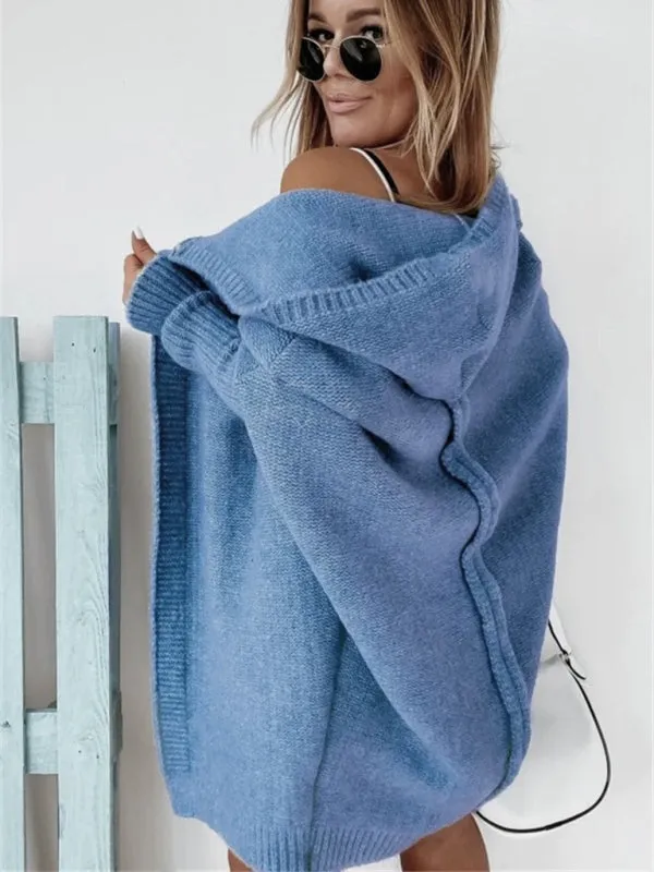 Women's hooded sweater with hood collar, commuter bat shape, soft and loose back splicing sweater