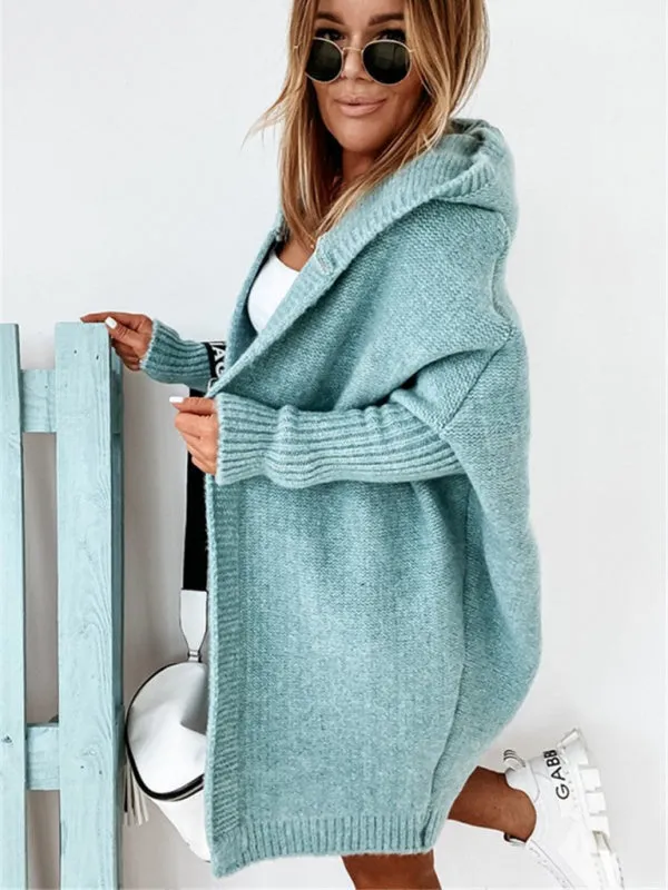Women's hooded sweater with hood collar, commuter bat shape, soft and loose back splicing sweater
