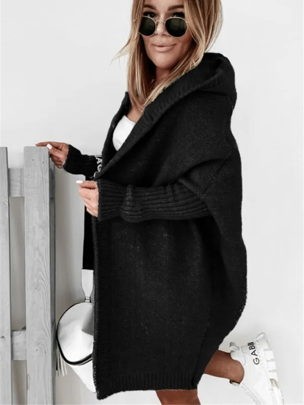 Women's hooded sweater with hood collar, commuter bat shape, soft and loose back splicing sweater