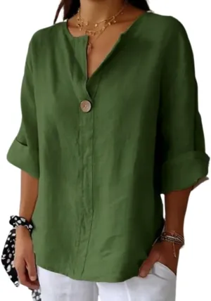 Women's Linen Shirt Button Down V Neck Solid Blouse 3/4 Sleeves Casual Loose Fit Tunic Tops Summer T Shirts