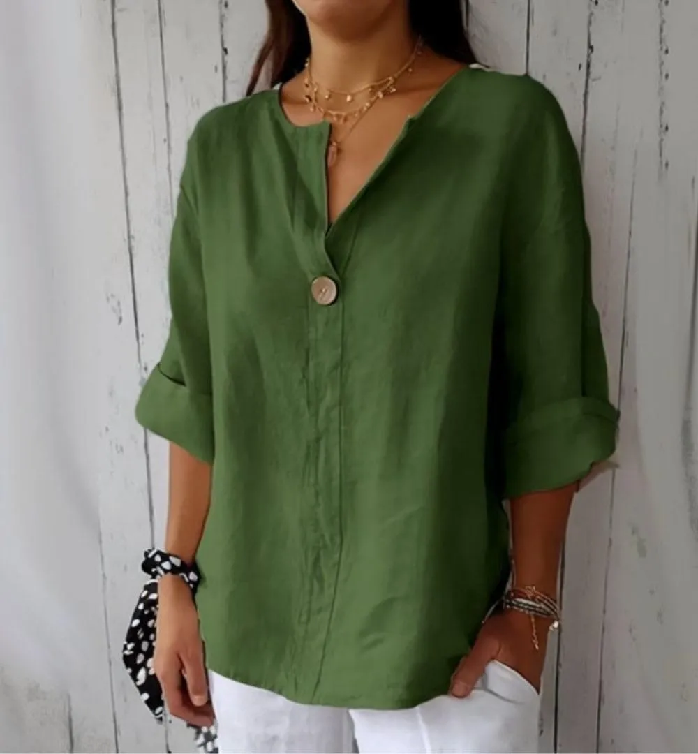 Women's Linen Shirt Button Down V Neck Solid Blouse 3/4 Sleeves Casual Loose Fit Tunic Tops Summer T Shirts
